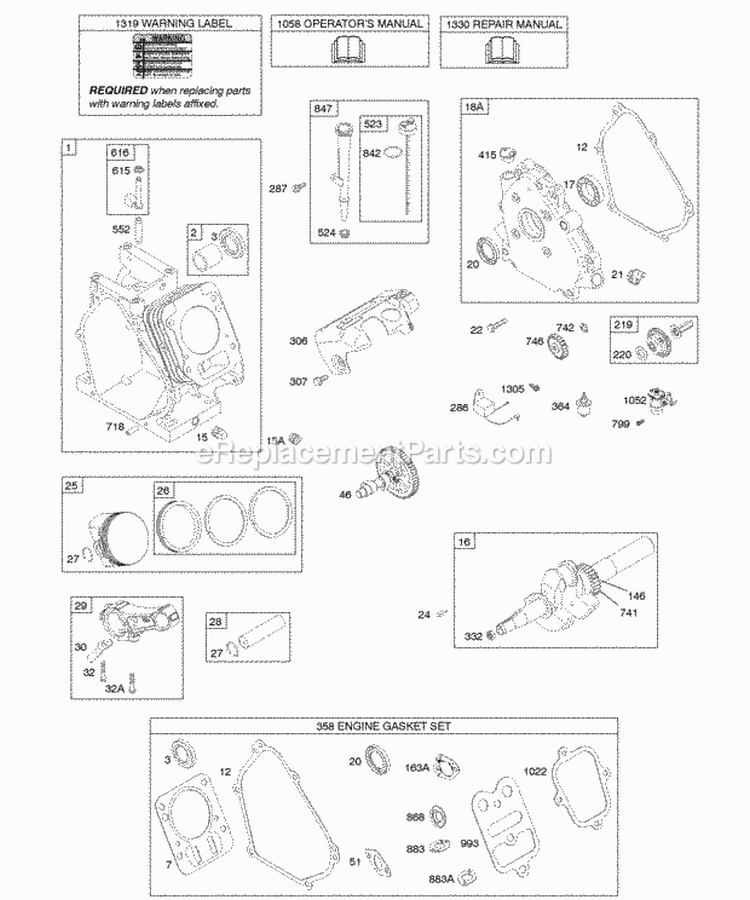 Camshaft Crankcase Cover Crankshaft Cylinder Lubrication Piston Group Diagram and Parts List for 124032-0101-E1  Briggs and Stratton Engine